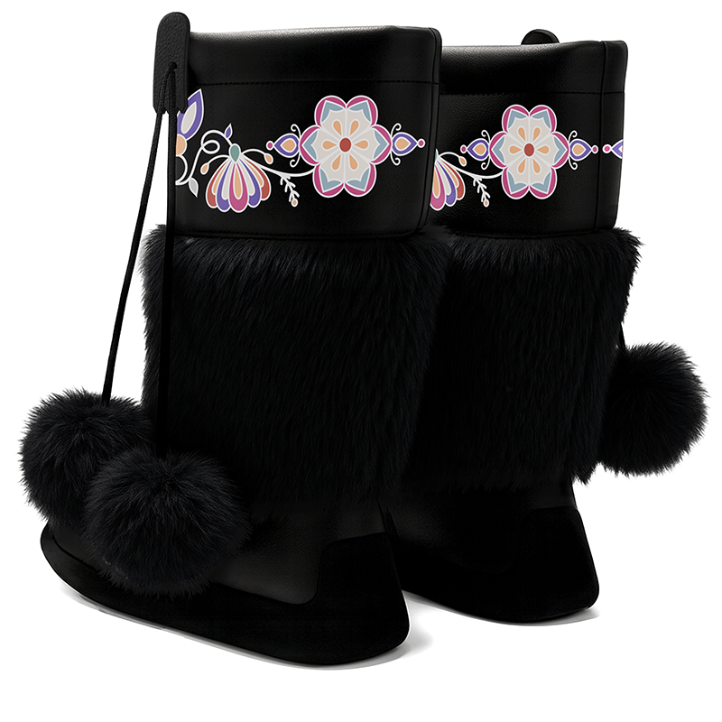 Aurora Petal Glow Real Black Leather MocLux Calf with Fur