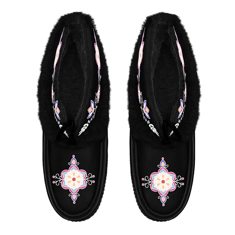 Aurora Petal Glow Black Leather MocLux Ankle with Fur