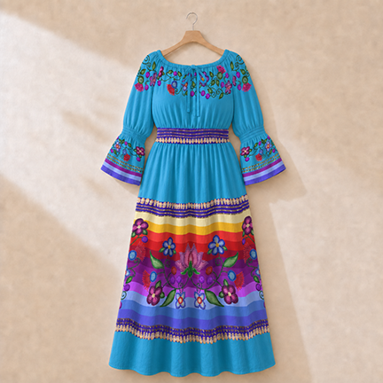 Beaded Offering Smocked Waist Peasant Dress - Blue 1