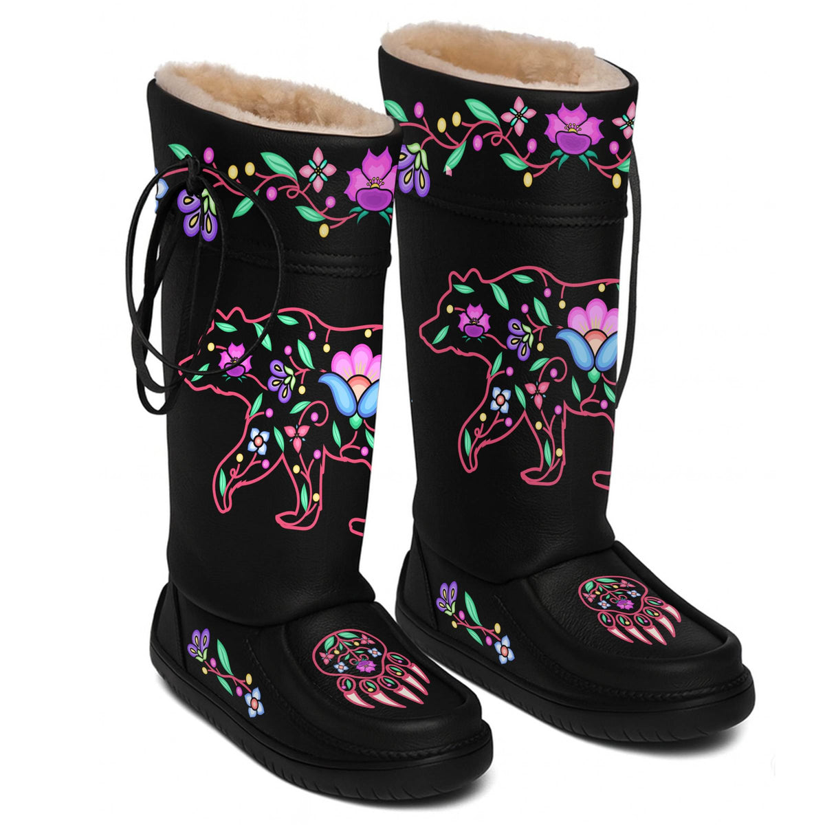 Bear Floral Black Real Leather MoccaLux