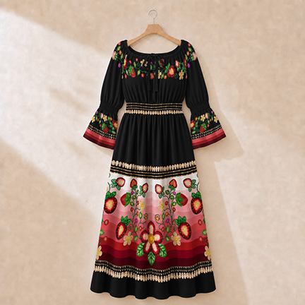 Berry Rites Smocked Waist Peasant Dress - Black 1
