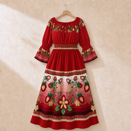 Berry Rites Smocked Waist Peasant Dress - Red 1