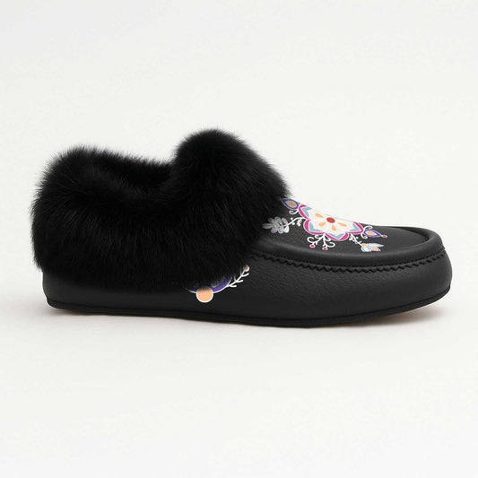 Aurora Petal Glow Black Leather Black Fur Moccasin