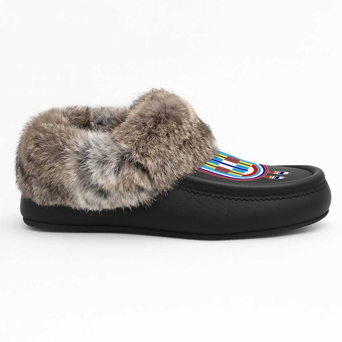 Prairie Signal Black Leather Mottled Fur Moccasin