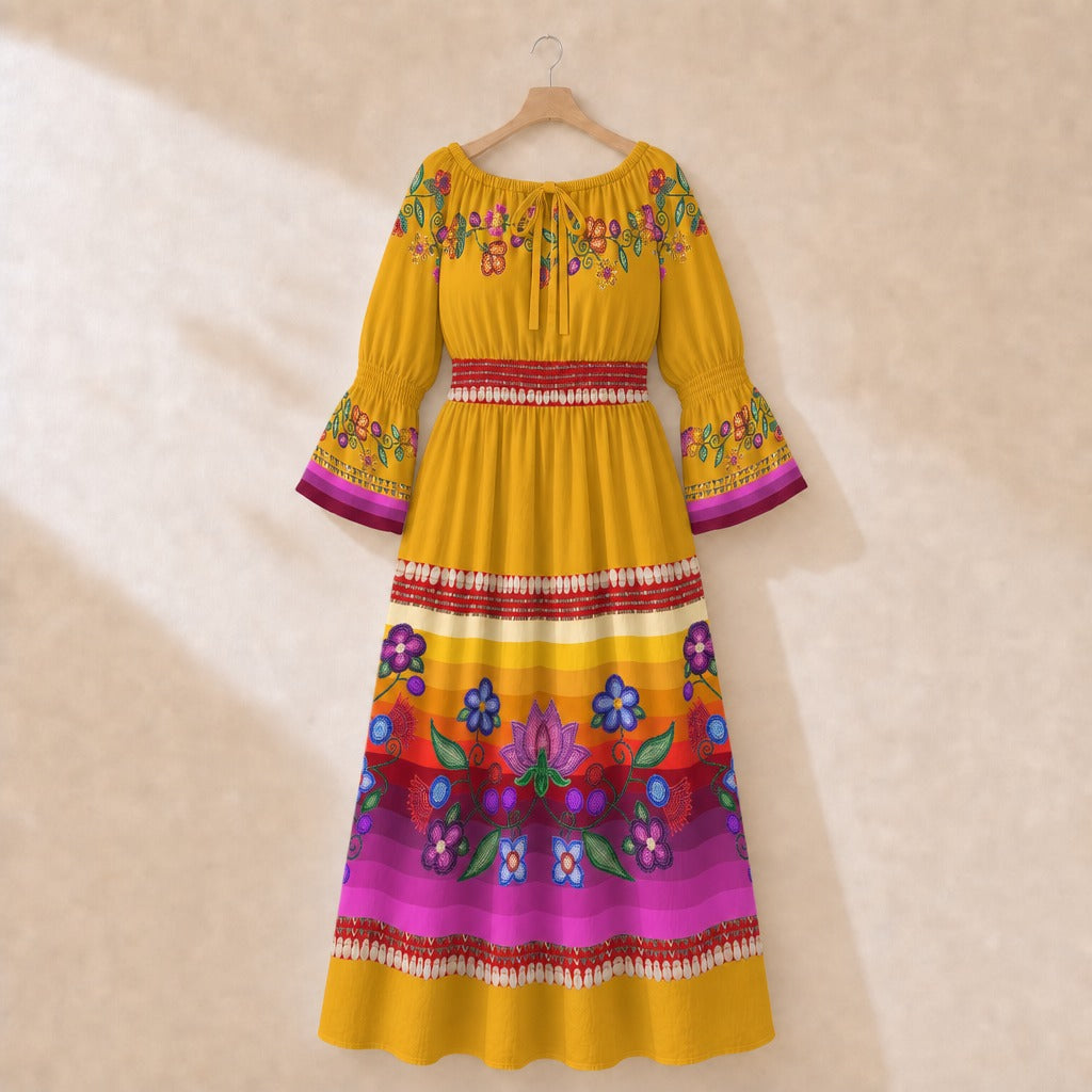Boreal Bounty Smocked Waist Peasant Dress - Yellow 1