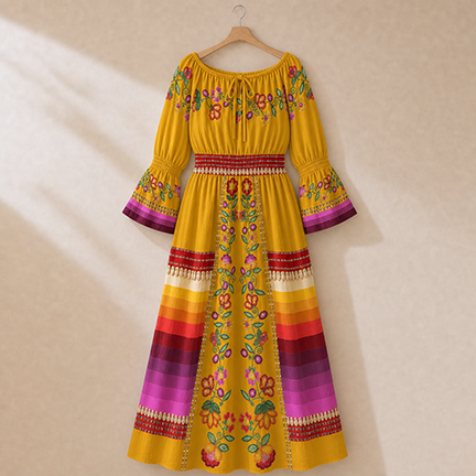 Boreal Bounty Smocked Waist Peasant Dress - Yellow 2
