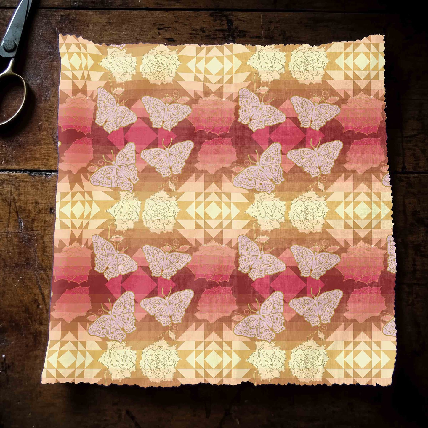 Butterfly and Roses on Geometric Fabric