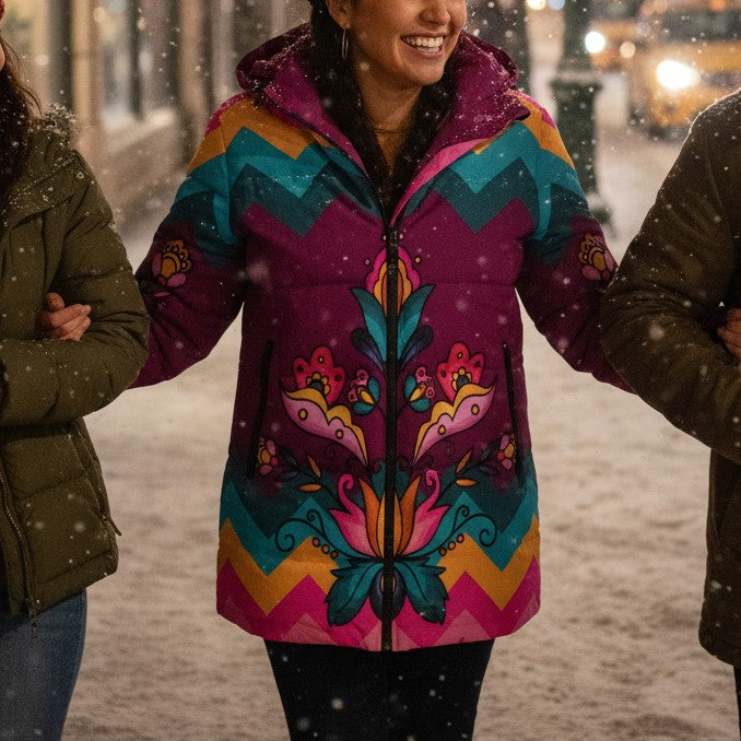 Copper Prairie Petals Women's Hooded Puffer Coat