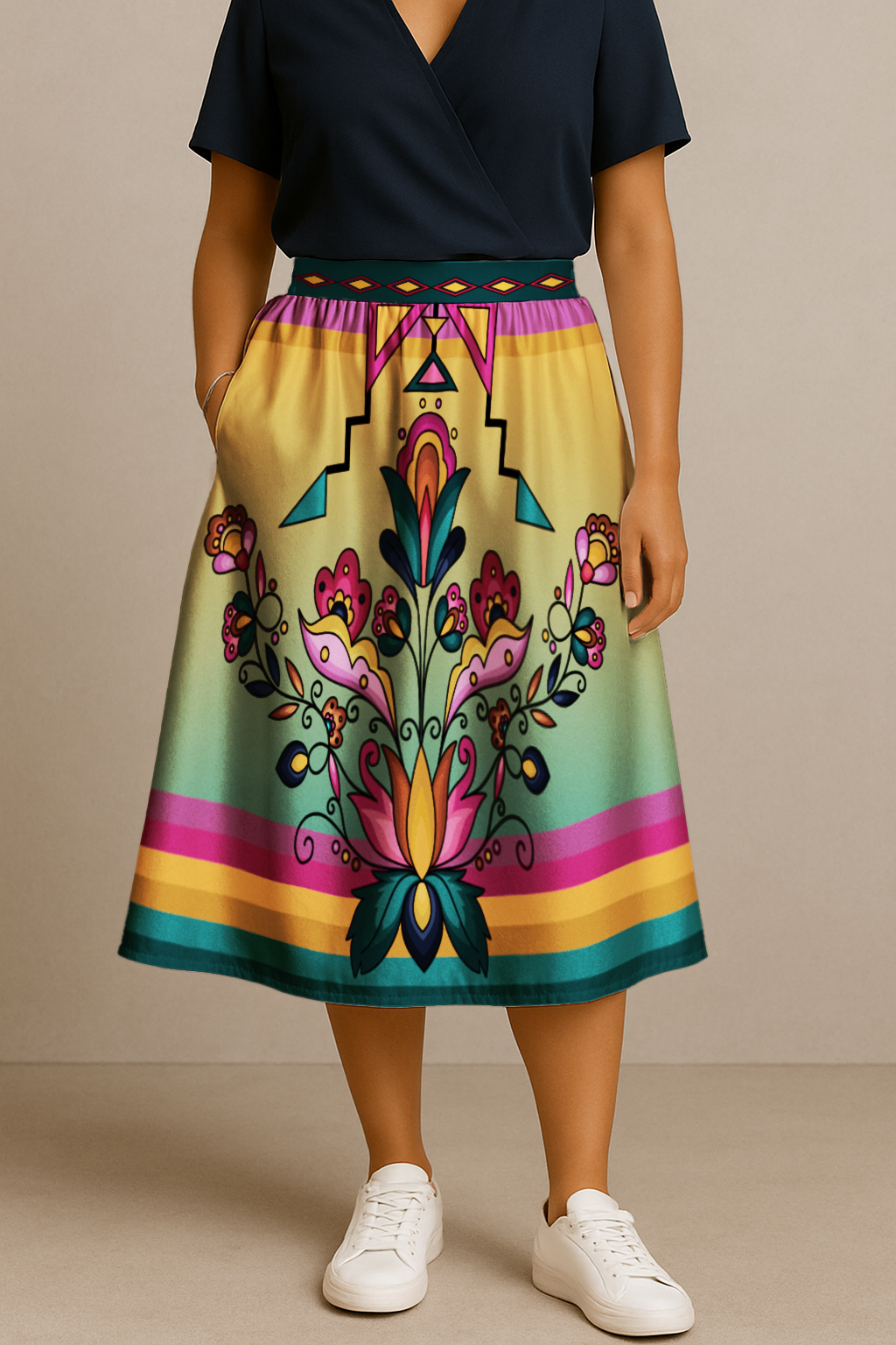 Copper Prairie Petals V1 Luxe Midi Skirt
