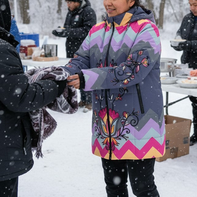 Crimson Drift Petals Women's Hooded Puffer Coat