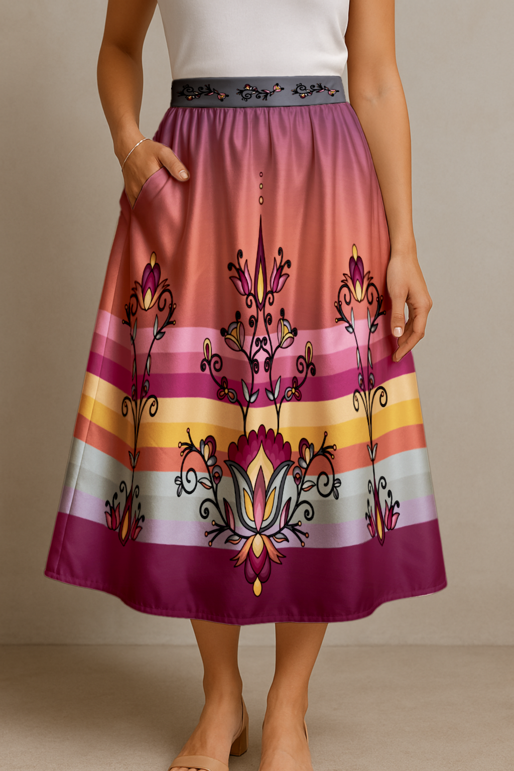 Crimson Drift Petals Luxe Midi Skirt