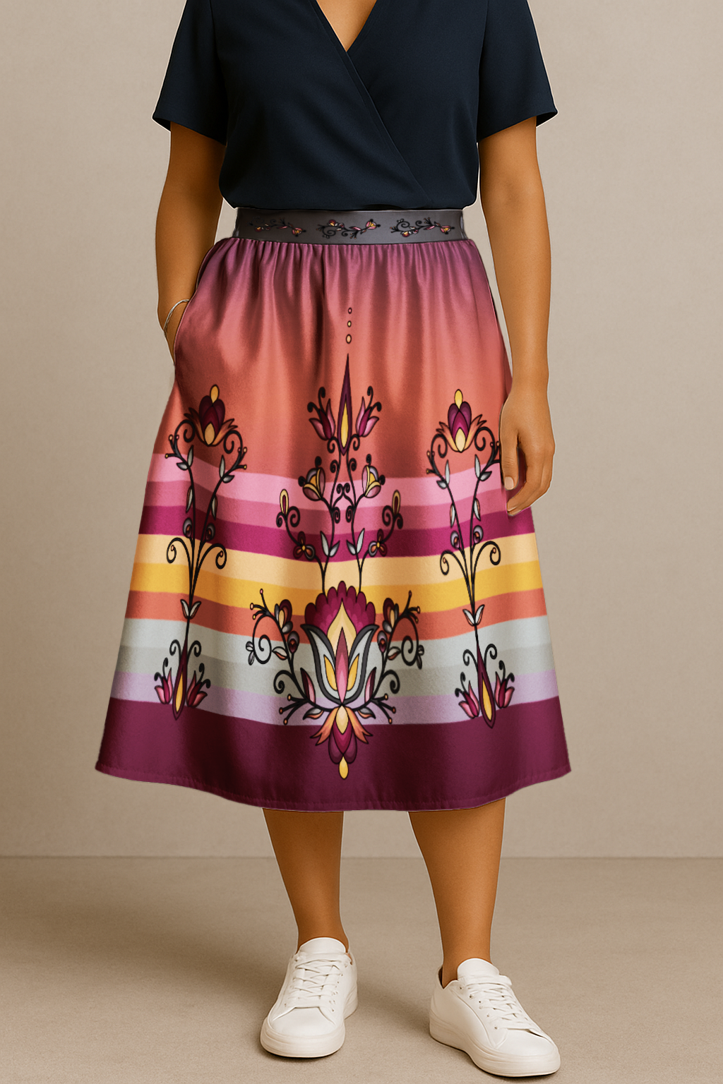 Crimson Drift Petals Luxe Midi Skirt