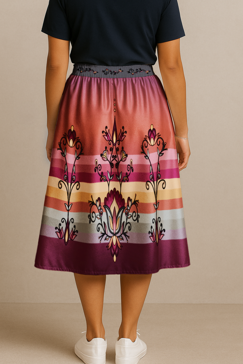 Crimson Drift Petals Luxe Midi Skirt