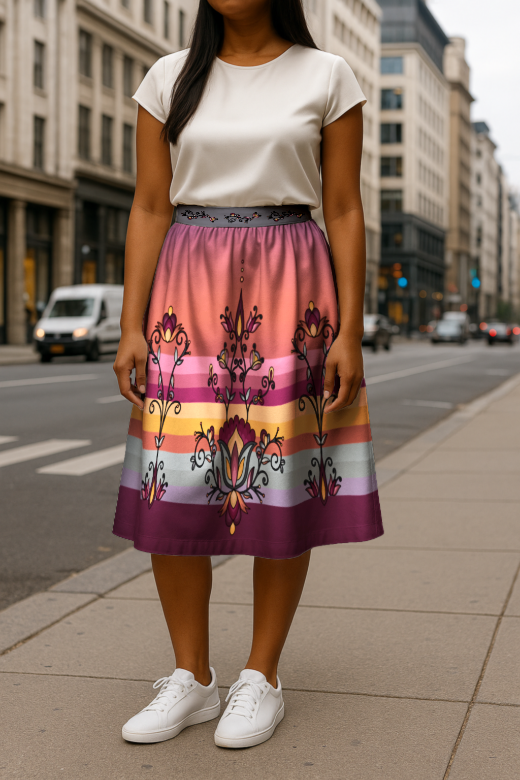 Crimson Drift Petals Luxe Midi Skirt