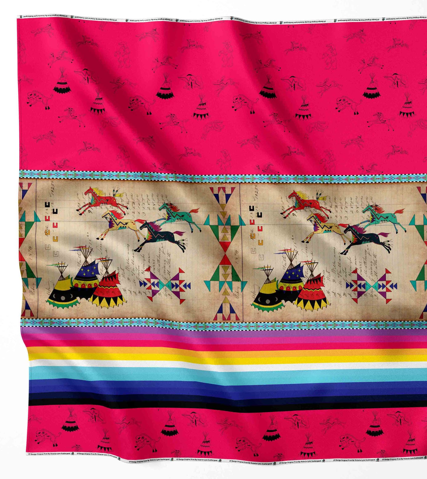 Ledger Horses Running Berry Fabric