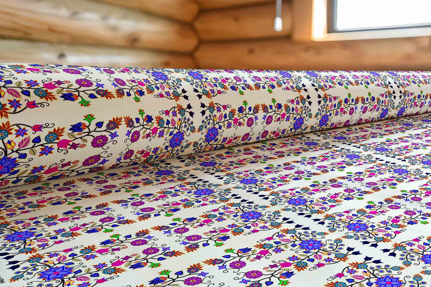 Floral Beadwork Seven Clans White Fabric