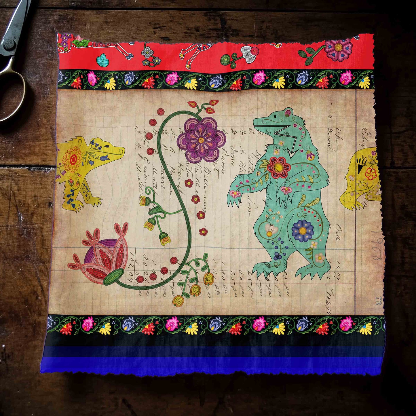 Floral Ledger Bear Red Fabric