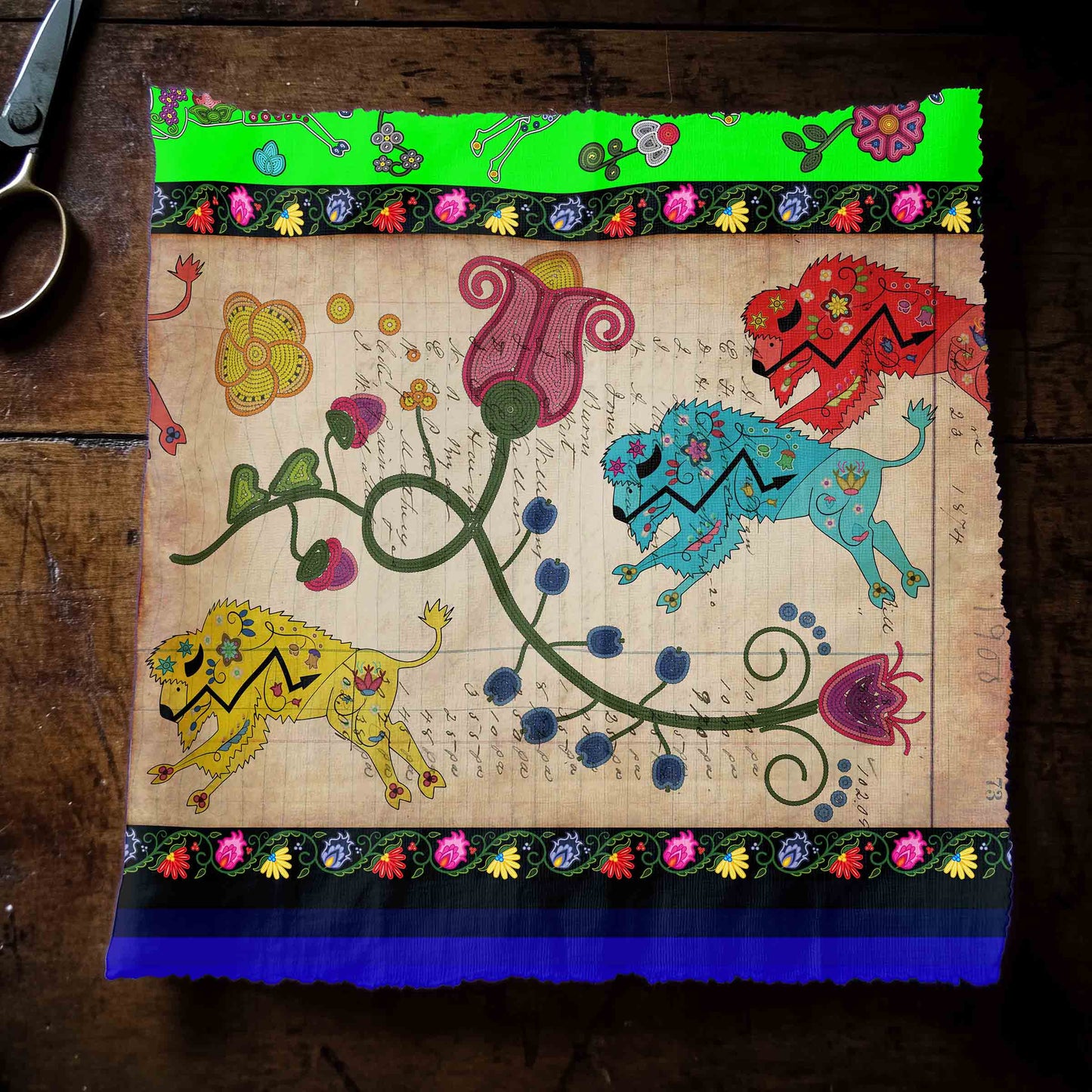 Floral Ledger Bison Neon Green Fabric