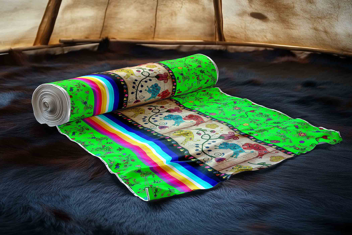 Floral Ledger Bison Neon Green Fabric