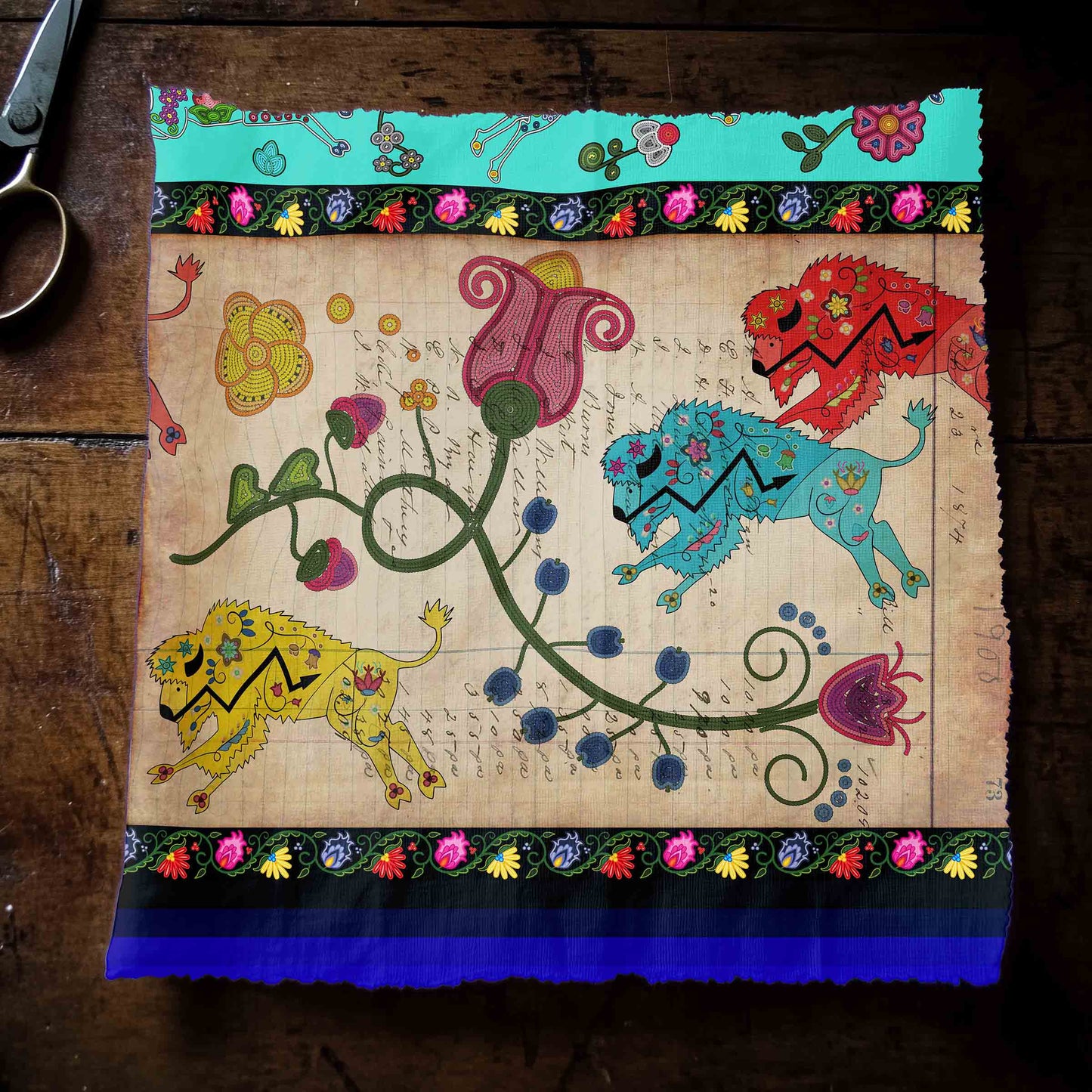 Floral Ledger Bison Turquoise Fabric