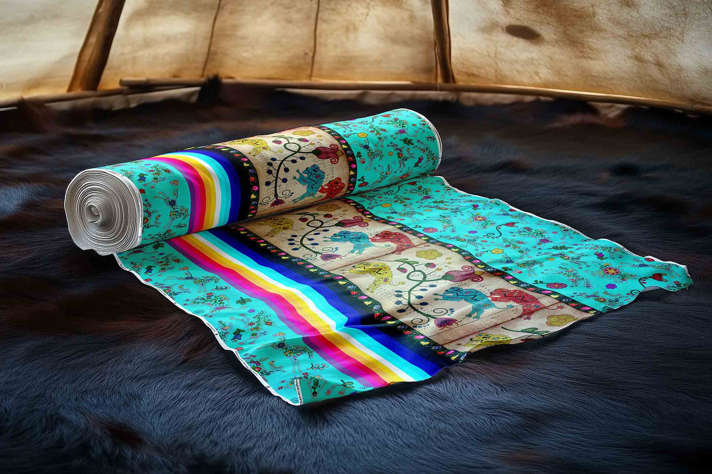 Floral Ledger Bison Turquoise Fabric