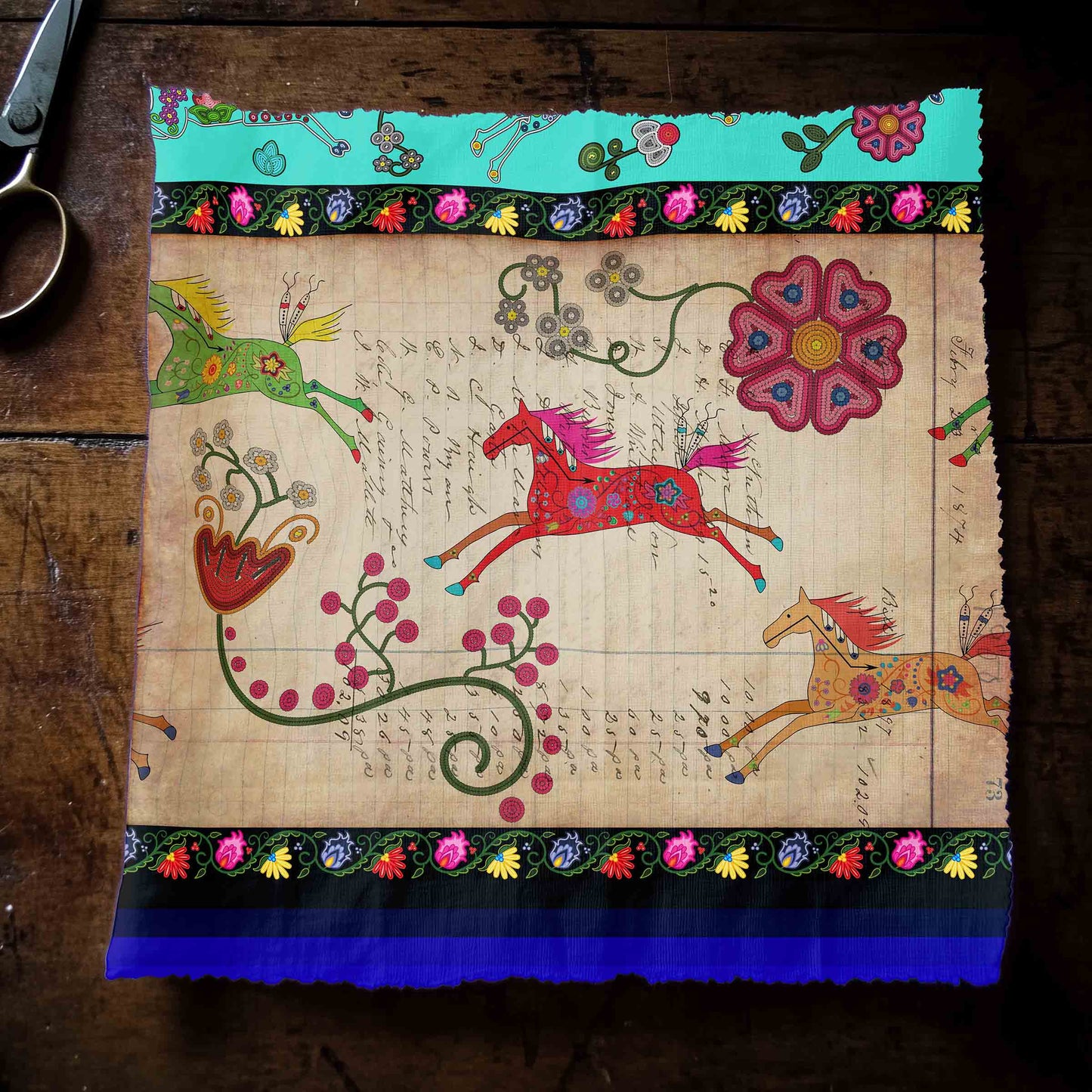 Floral Ledger Horse Turquoise Fabric