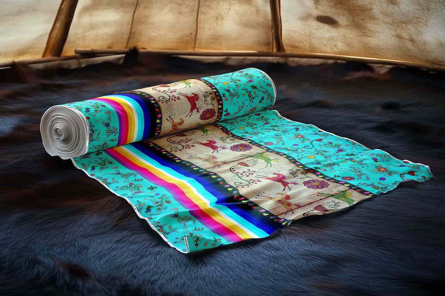 Floral Ledger Horse Turquoise Fabric