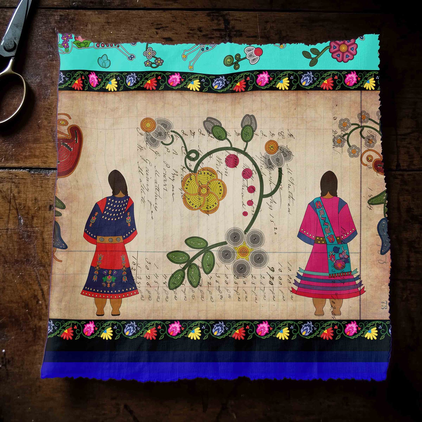 Floral Ledger Sisters Turquoise Fabric