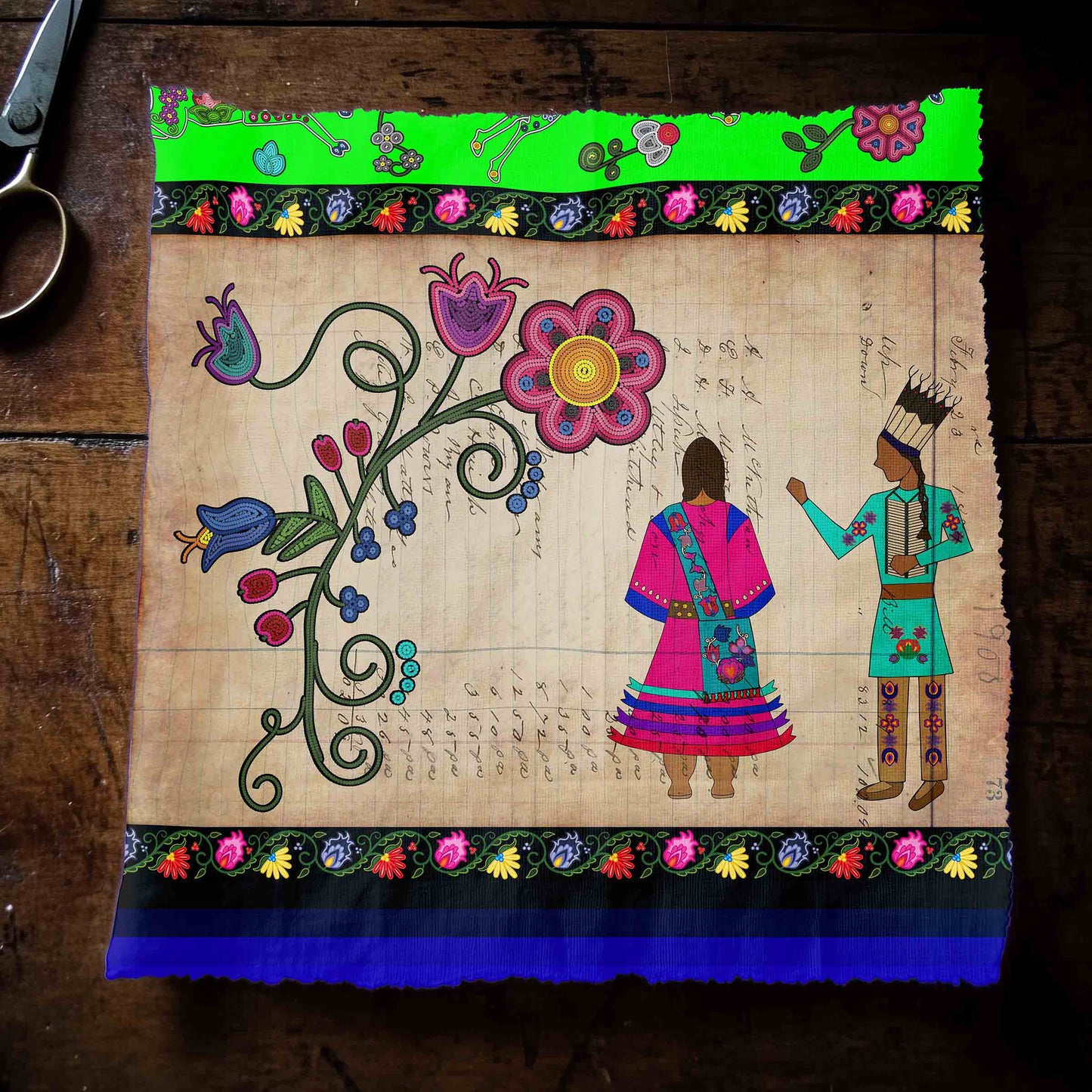 Floral Ledger Sweethearts Neon Green Fabric