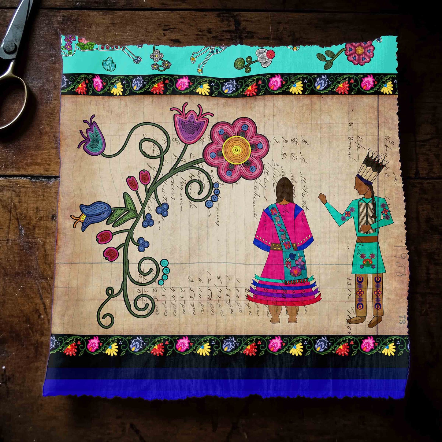 Floral Ledger Sweethearts Turquoise Fabric