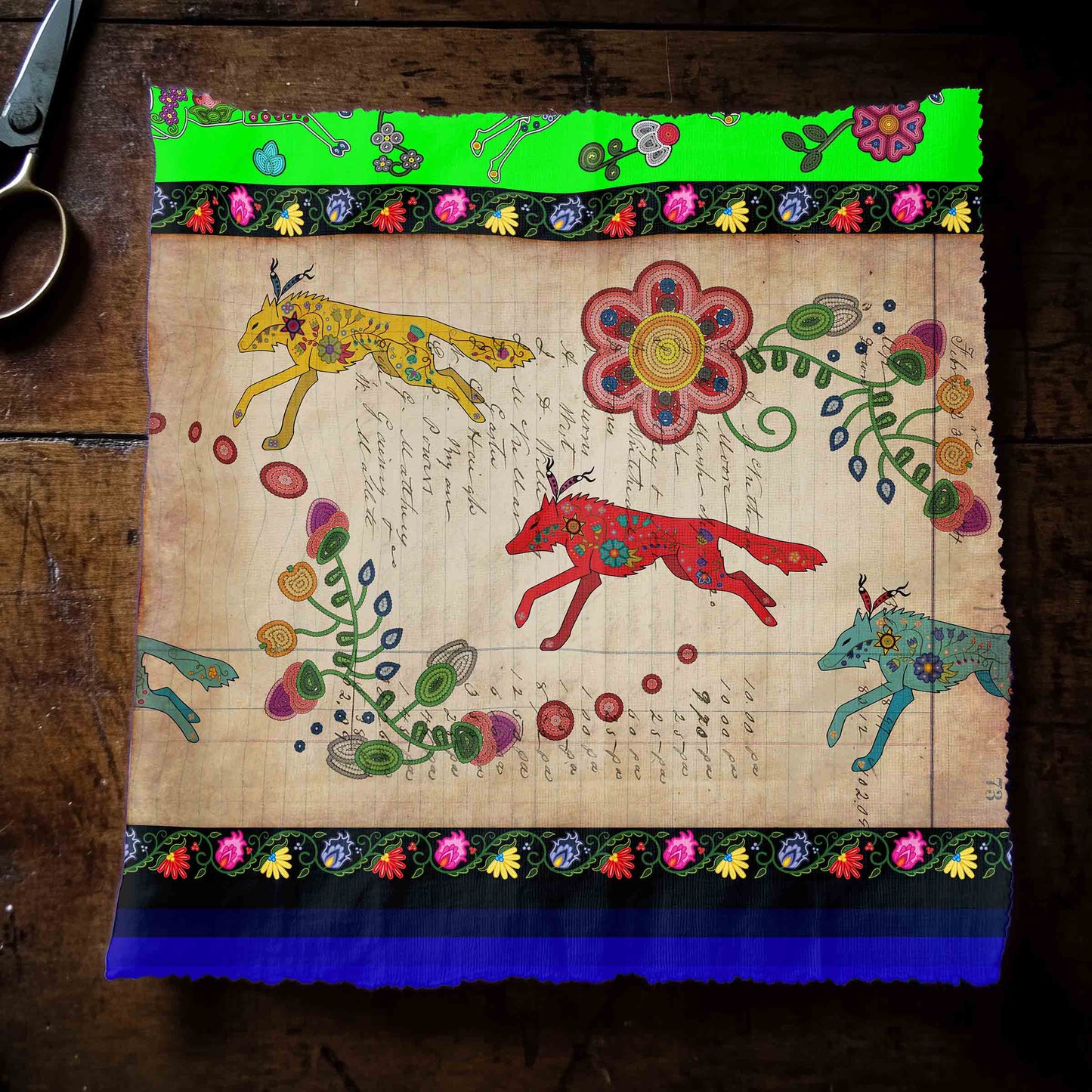 Floral Ledger Wolf Neon Green Fabric
