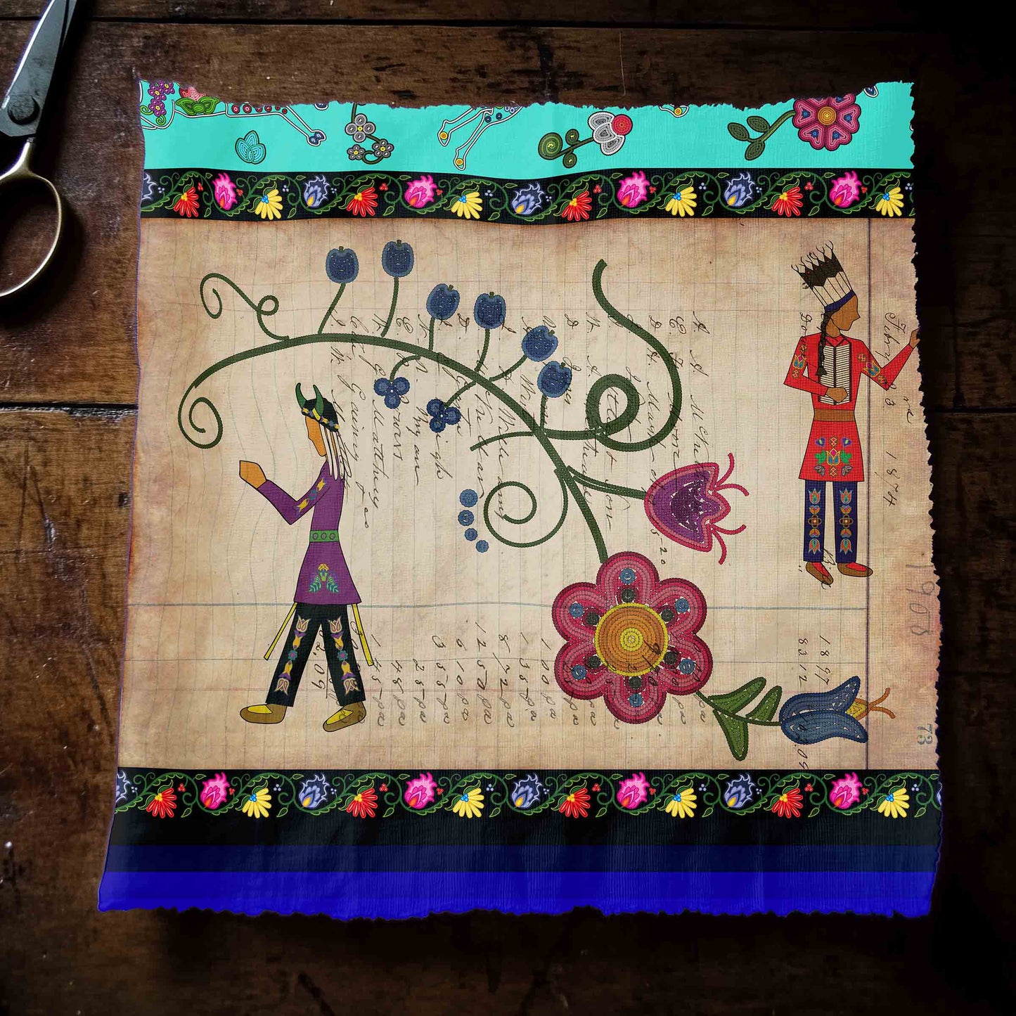 Floral Ledger Warrior Turquoise Fabric