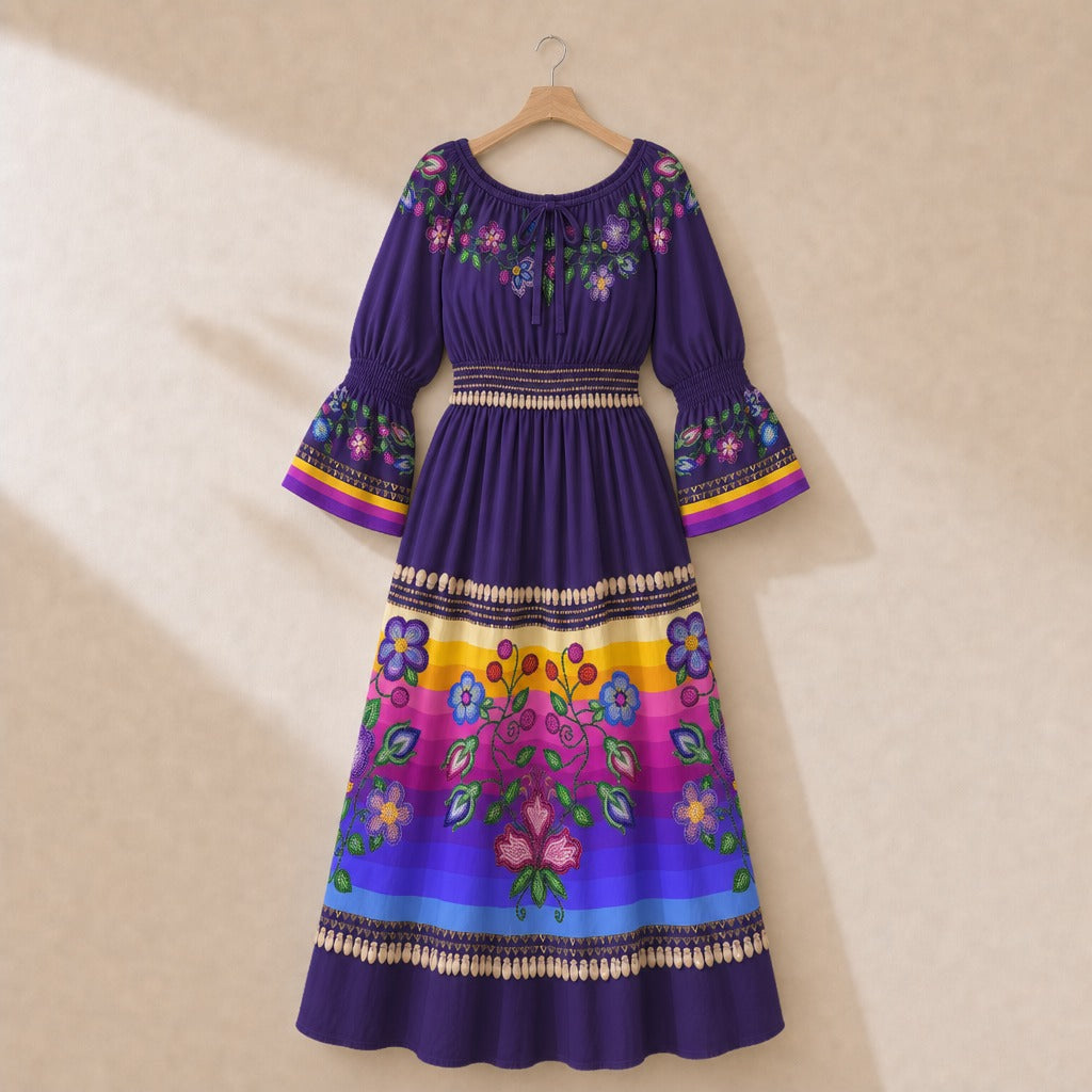 Garden Halo Smocked Waist Peasant Dress - Purple 1