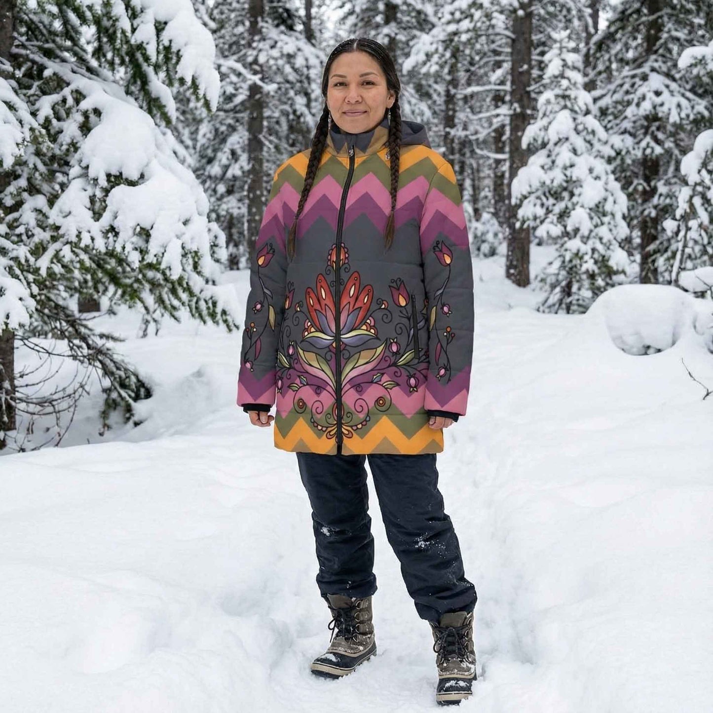 Red Willow Whispers Women's Hooded Puffer Coat