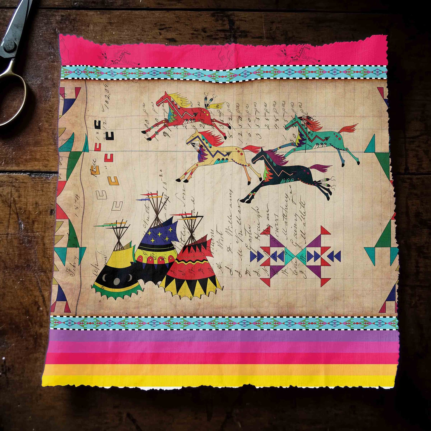 Ledger Horses Running Berry Fabric