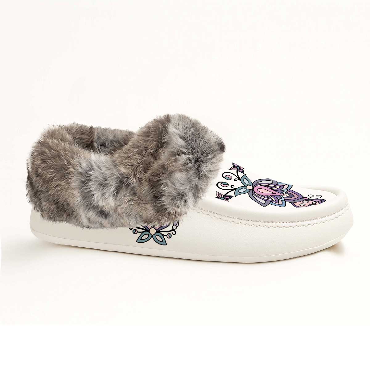 Snow Petal Spirit White Leather Mottled Fur Moccasin