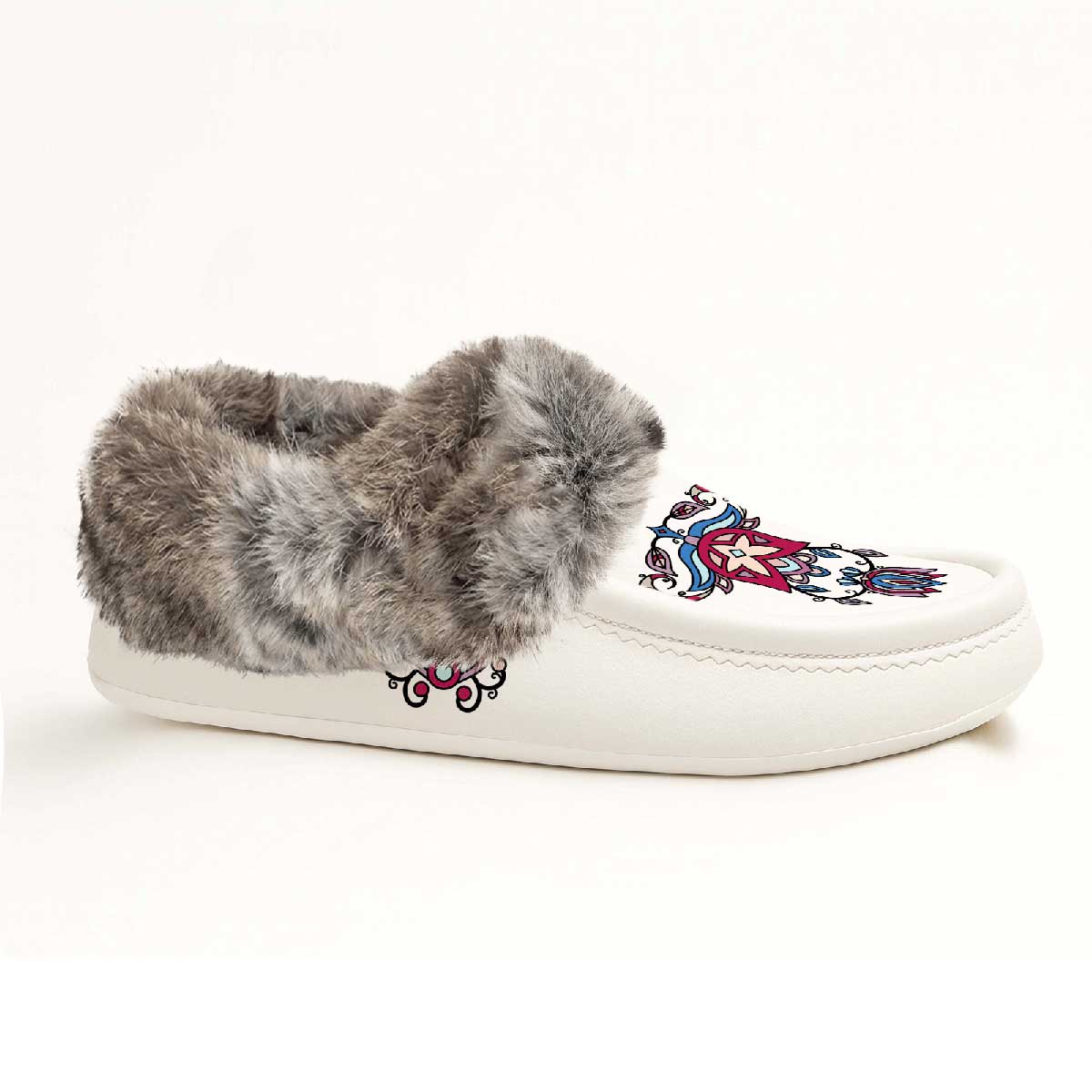 Northern Ember White Leather Mottled Fur Moccasin