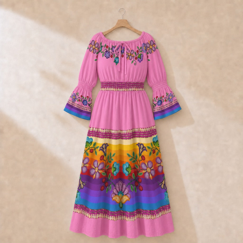 Meadow Radiance Smocked Waist Peasant Dress - Pink 1