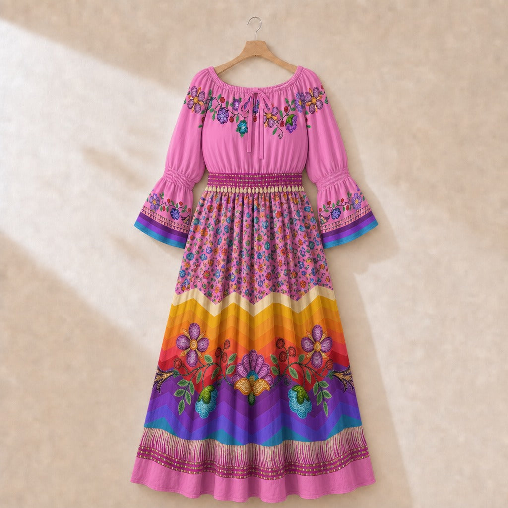 Meadow Radiance Smocked Waist Peasant Dress - Pink 3
