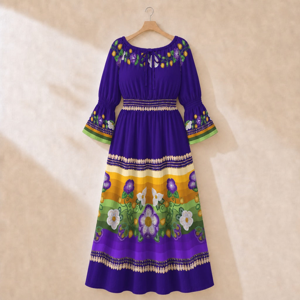 Midnight Moss Bloom Smocked Waist Peasant Dress - Aubergine 1