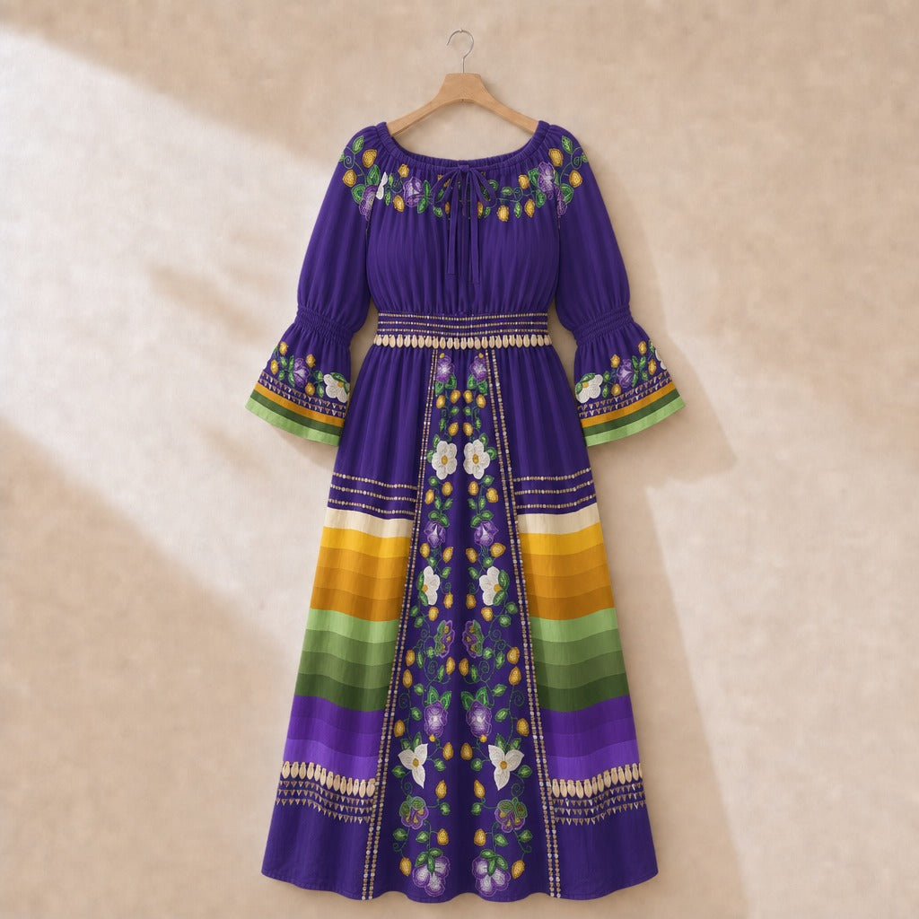 Midnight Moss Bloom Smocked Waist Peasant Dress - Aubergine 2