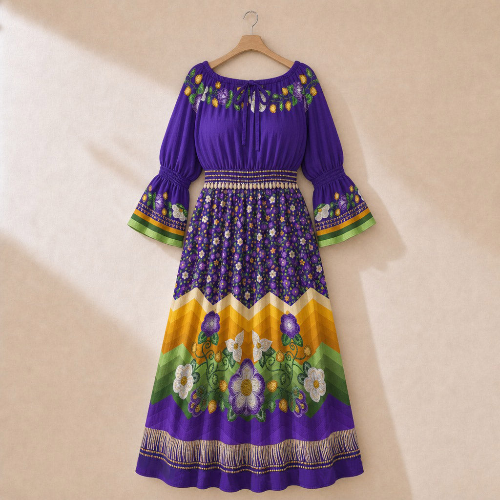 Midnight Moss Bloom Smocked Waist Peasant Dress - Aubergine 3