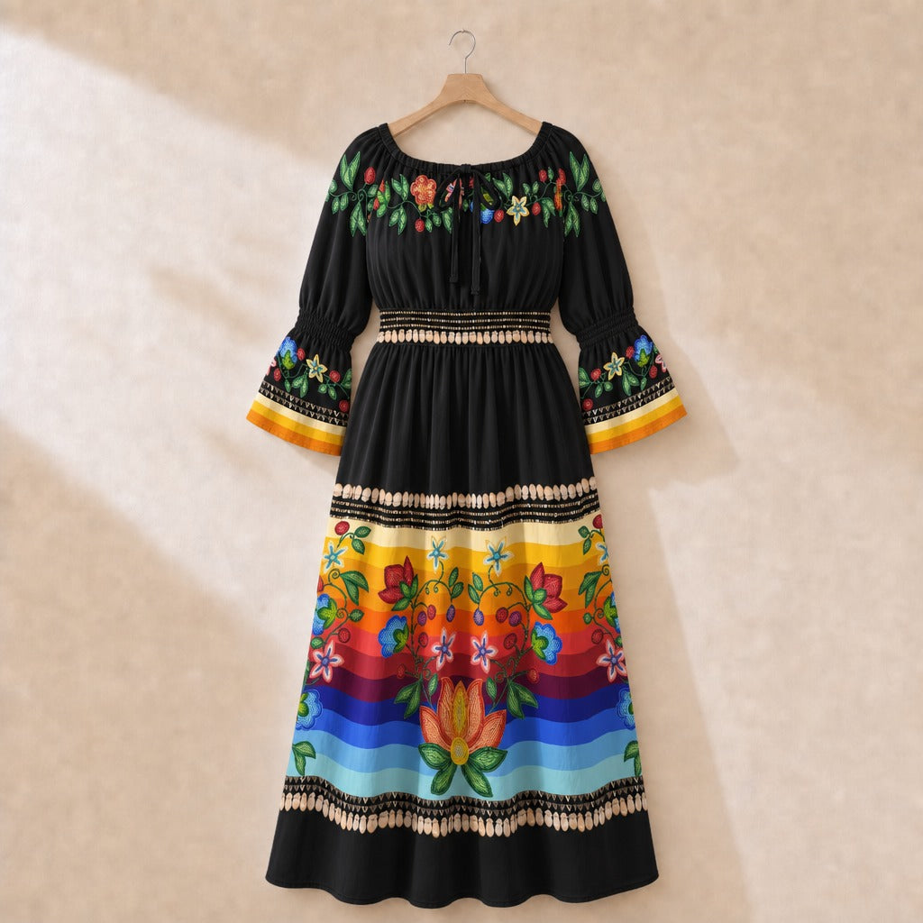Morning Harmony Smocked Waist Peasant Dress - Black 1