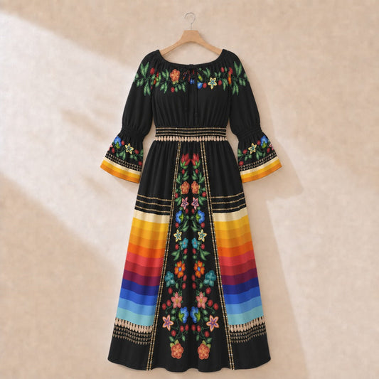 Morning Harmony Black 2 Smocked Waist Peasant Dress