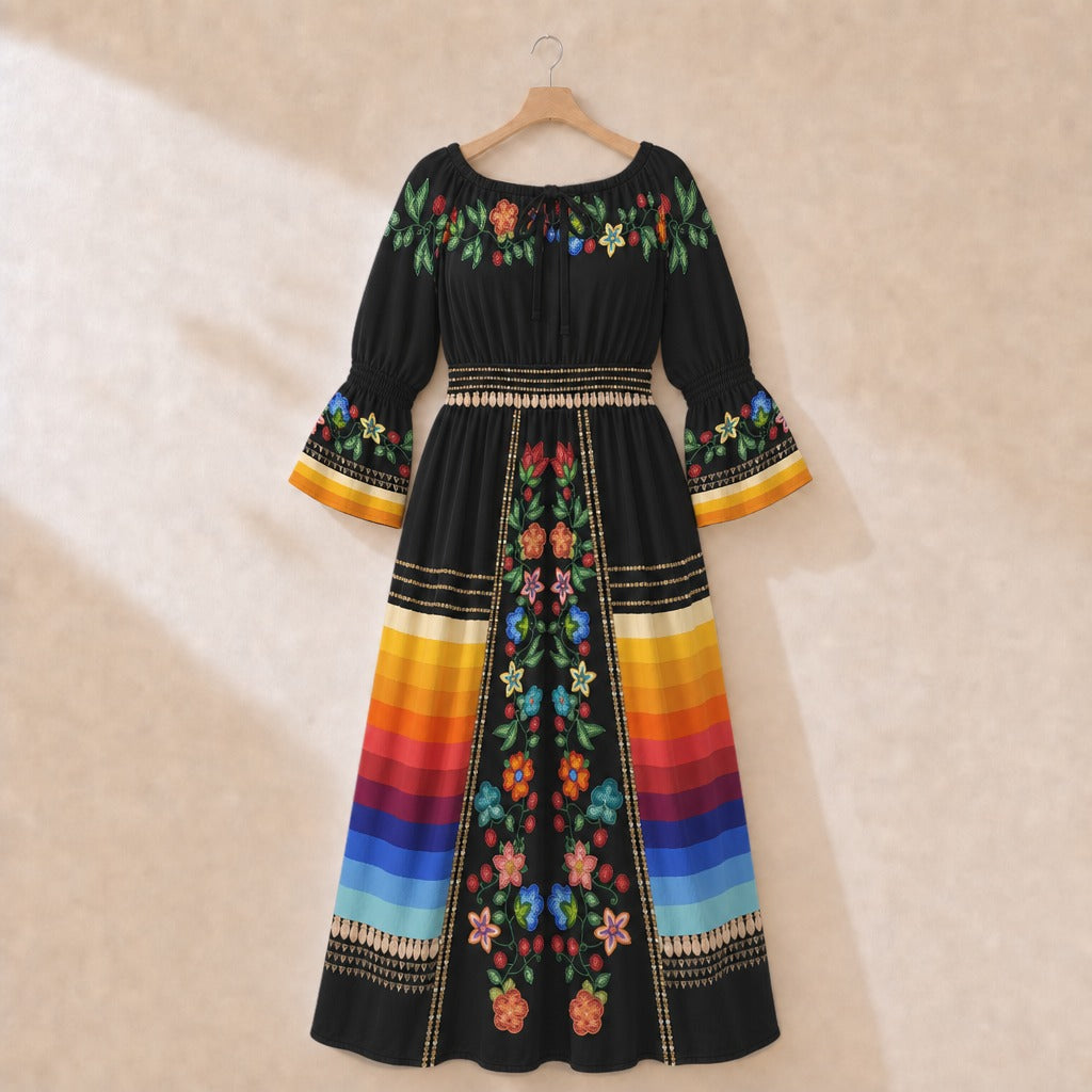 Morning Harmony Smocked Waist Peasant Dress - Black 2