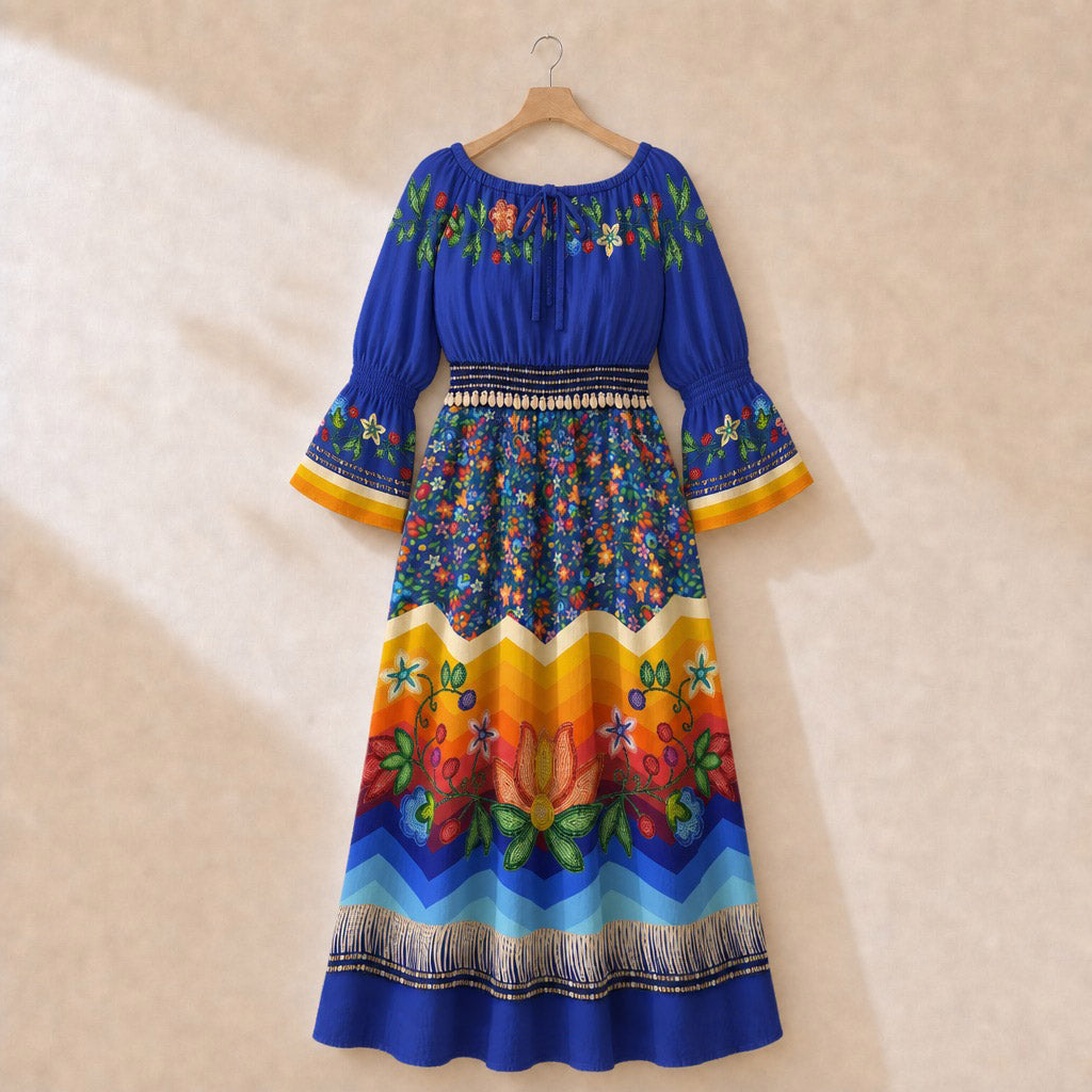 Morning Harmony Smocked Waist Peasant Dress - Blue