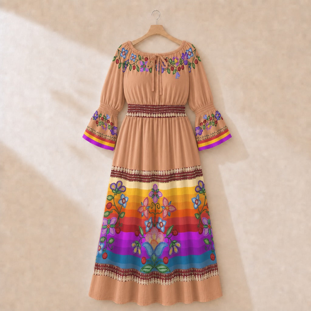 Petal Harmony Smocked Waist Peasant Dress - Terracotta 1