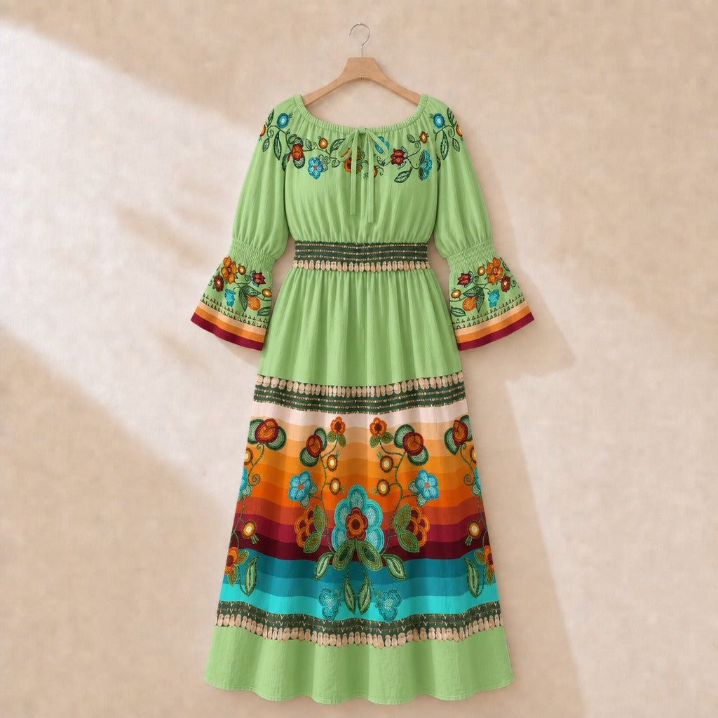 Prairie Fire Petals Smocked Waist Peasant Dress - Sage 1