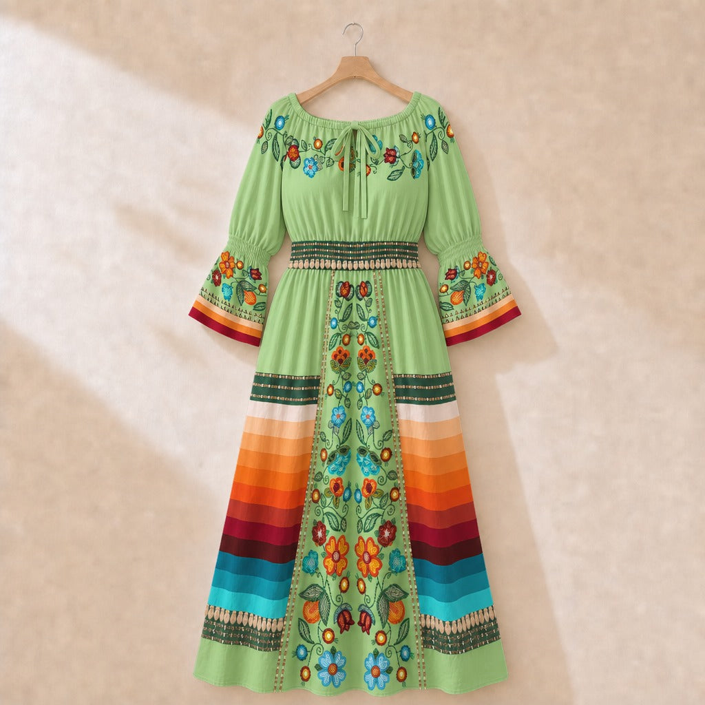 Prairie Fire Petals Smocked Waist Peasant Dress - Sage 2