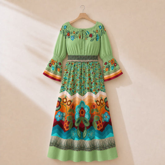 Prairie Fire Petals Sage 3 Smocked Waist Peasant Dress